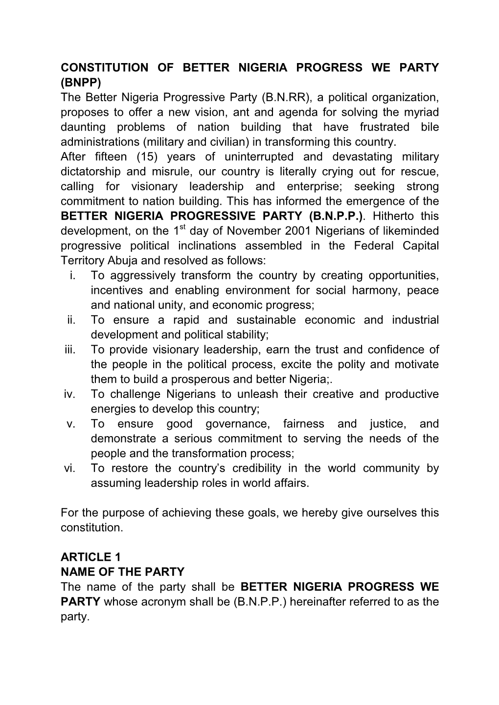 Constitution of Better Nigeria Progress We Party