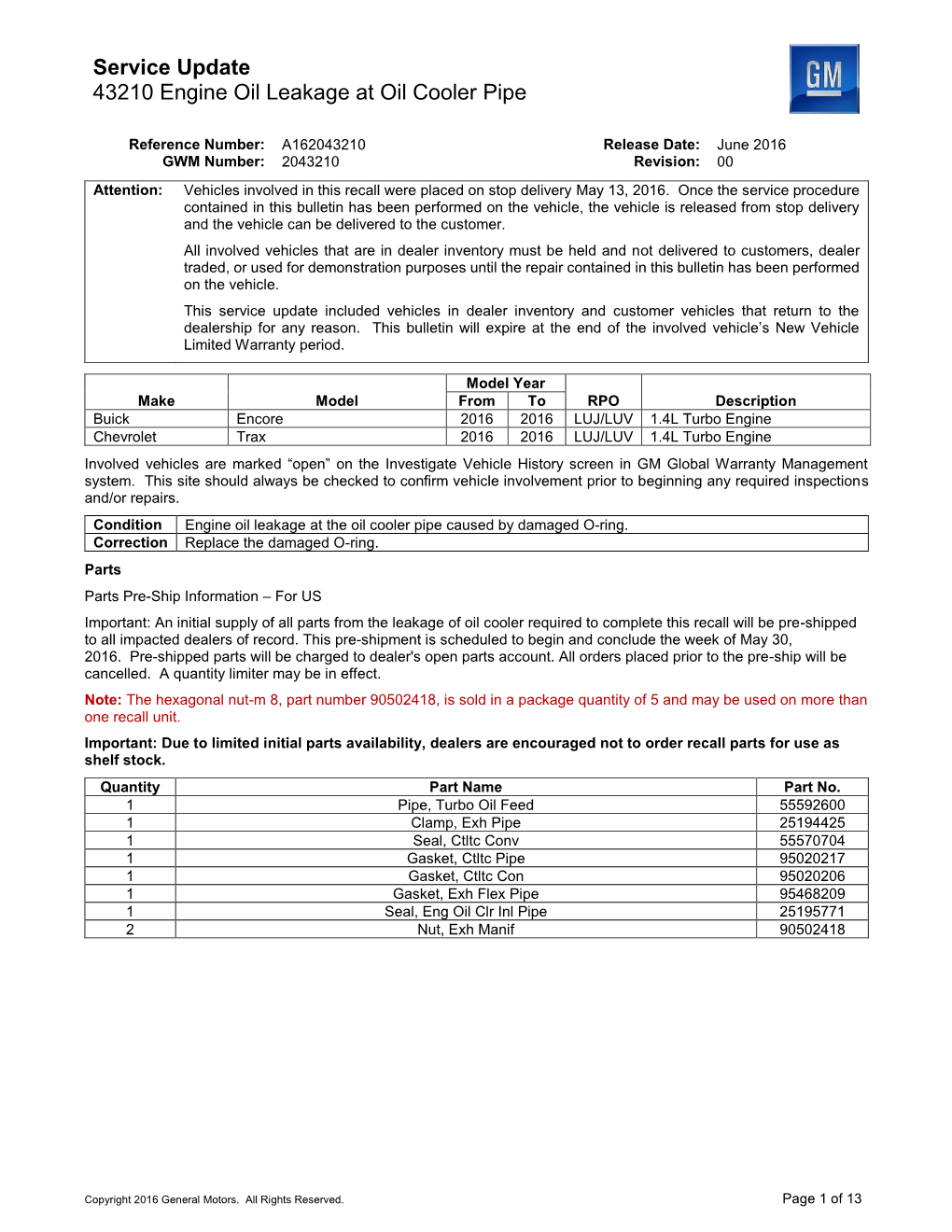 Service Update 43210 Engine Oil Leakage at Oil Cooler Pipe DocsLib