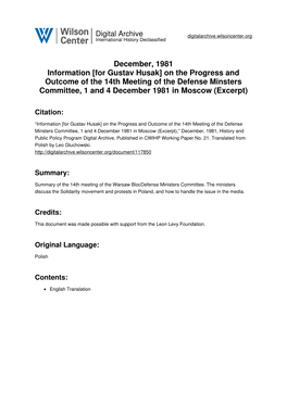 For Gustav Husak] on the Progress and Outcome of the 14Th Meeting of the Defense Minsters Committee, 1 and 4 December 1981 in Moscow (Excerpt)