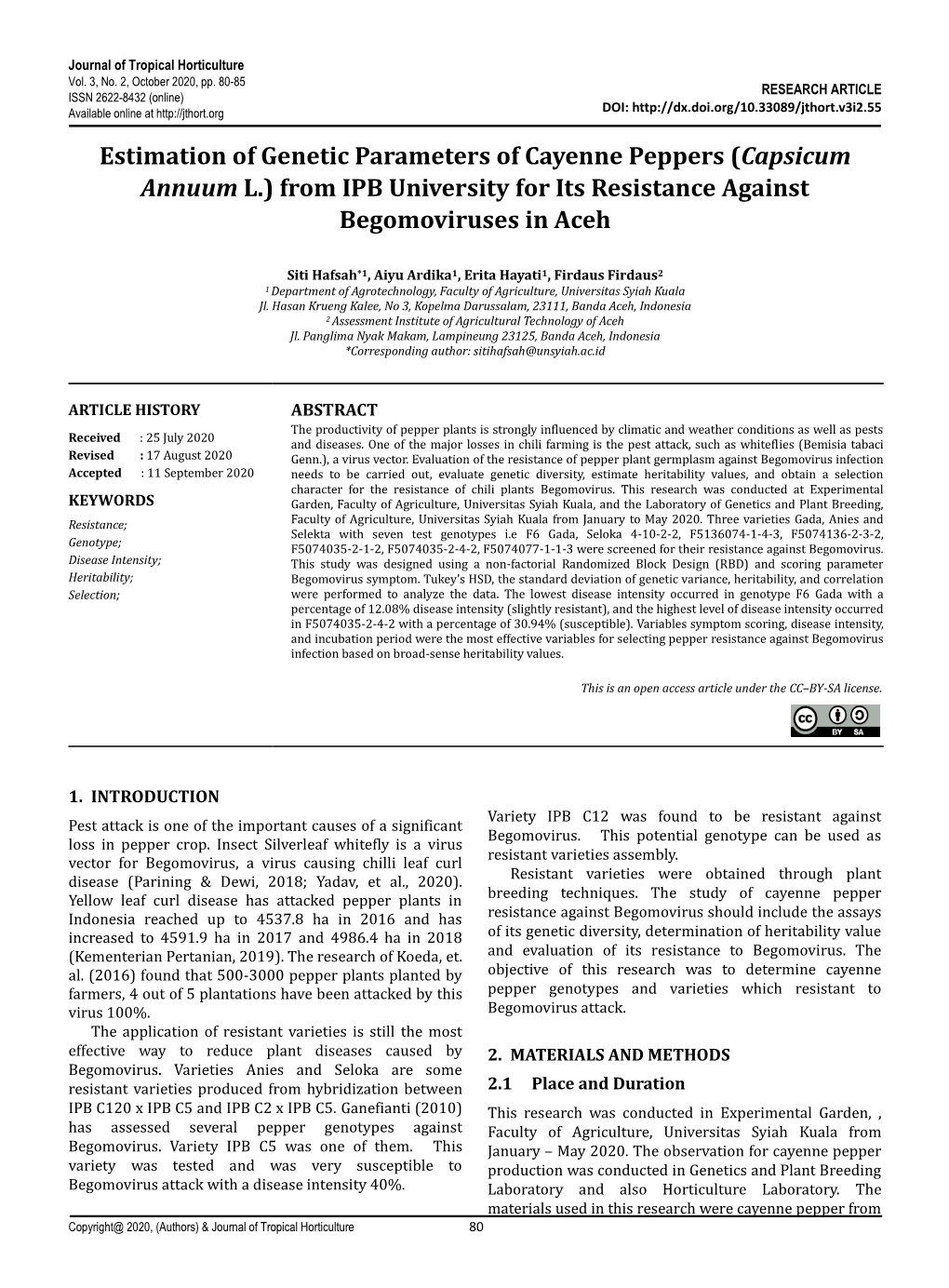 Estimation of Genetic Parameters of Cayenne Peppers (Capsicum Annuum L.) from IPB University for Its Resistance Against Begomoviruses in Aceh