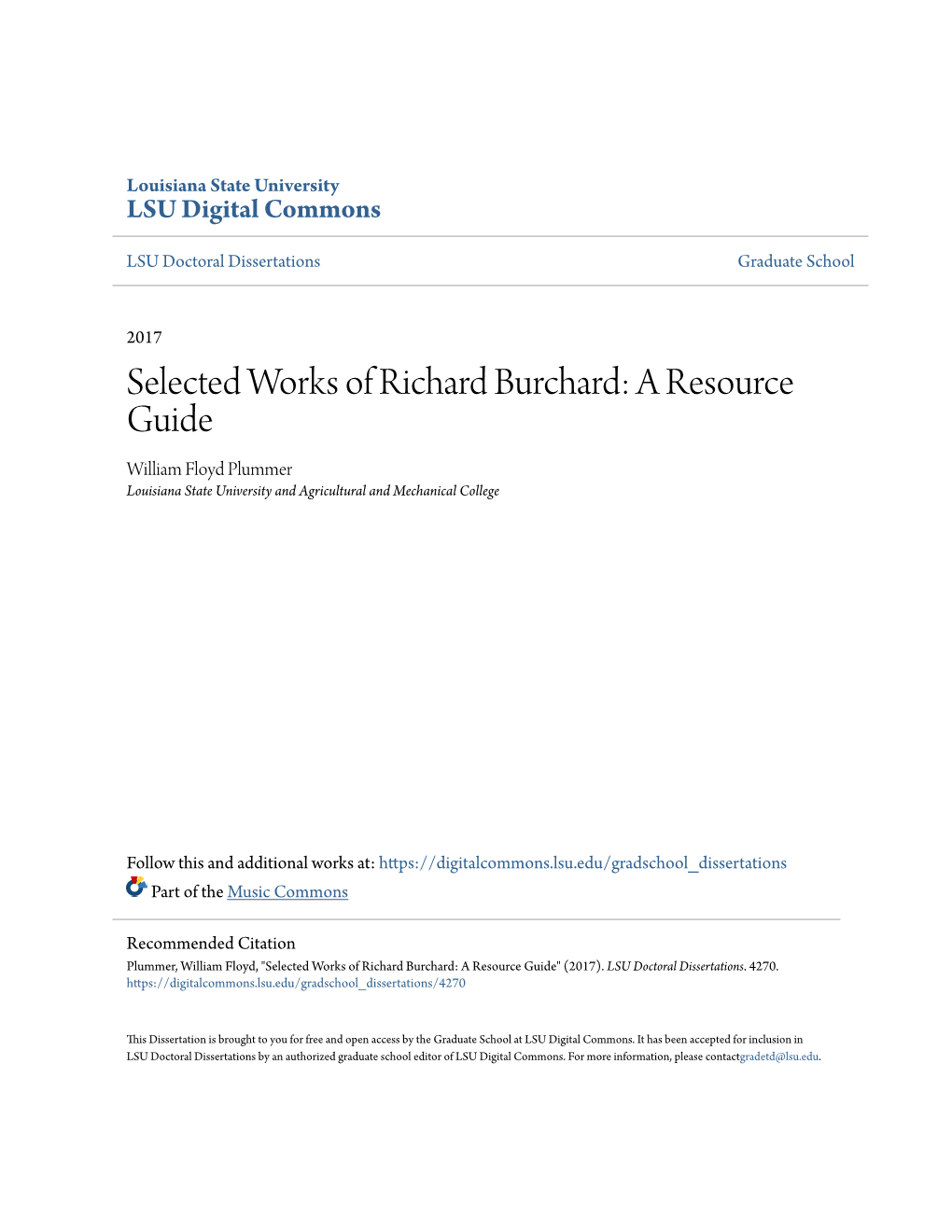Selected Works of Richard Burchard: a Resource Guide William Floyd Plummer Louisiana State University and Agricultural and Mechanical College