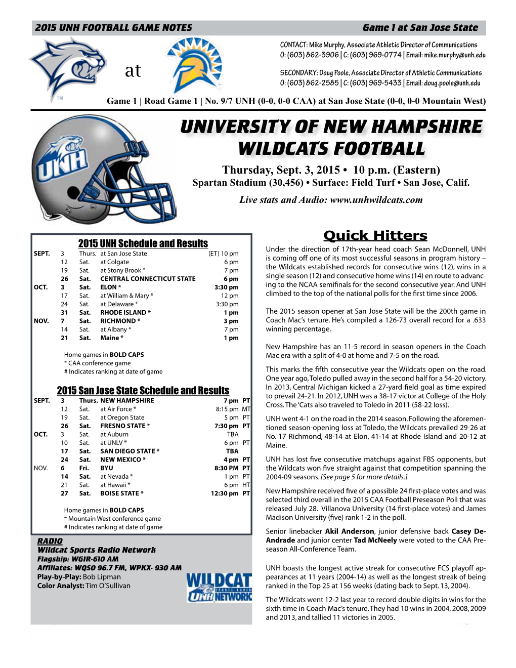 UNIVERSITY of NEW HAMPSHIRE WILDCATS FOOTBALL Thursday, Sept