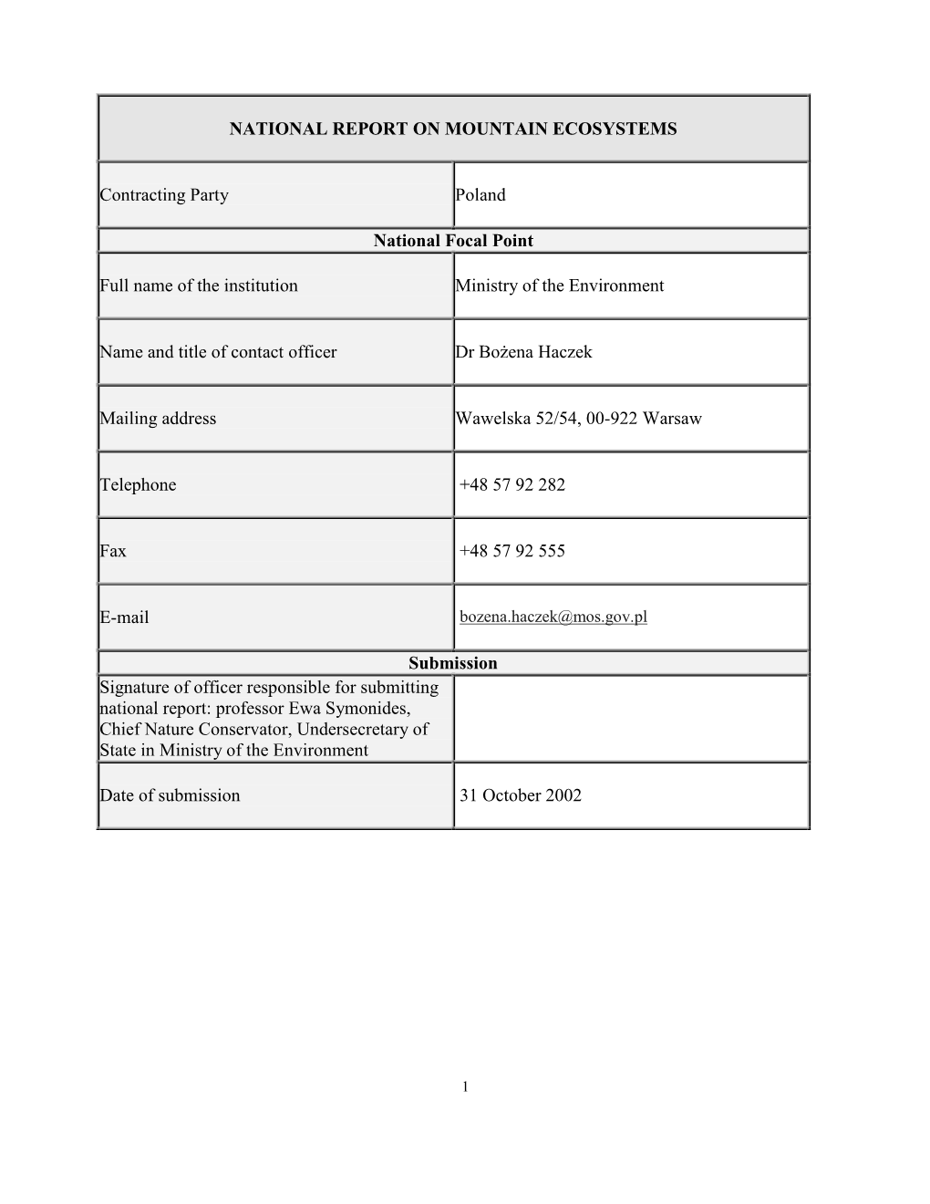 CBD Thematic Report on Mountain Ecosystems