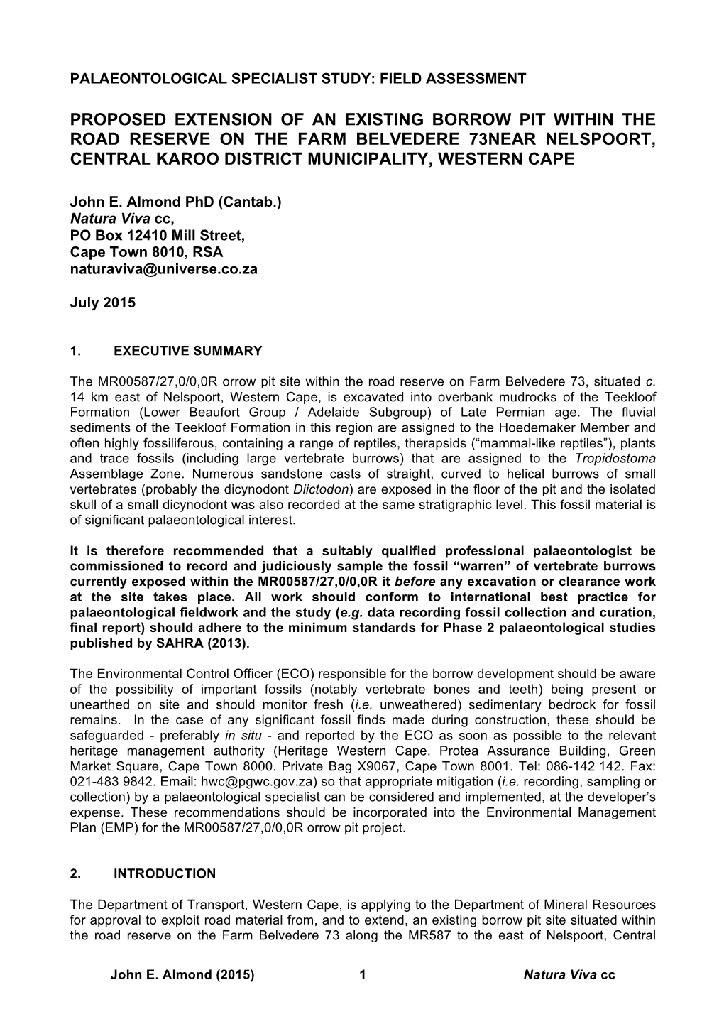 Proposed Extension of an Existing Borrow Pit Within the Road Reserve on the Farm Belvedere 73Near Nelspoort, Central Karoo District Municipality, Western Cape
