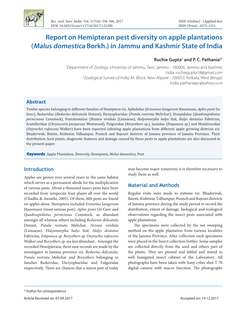 Report on Hemipteran Pest Diversity on Apple Plantations (Malus Domestica Borkh.) in Jammu and Kashmir State of India