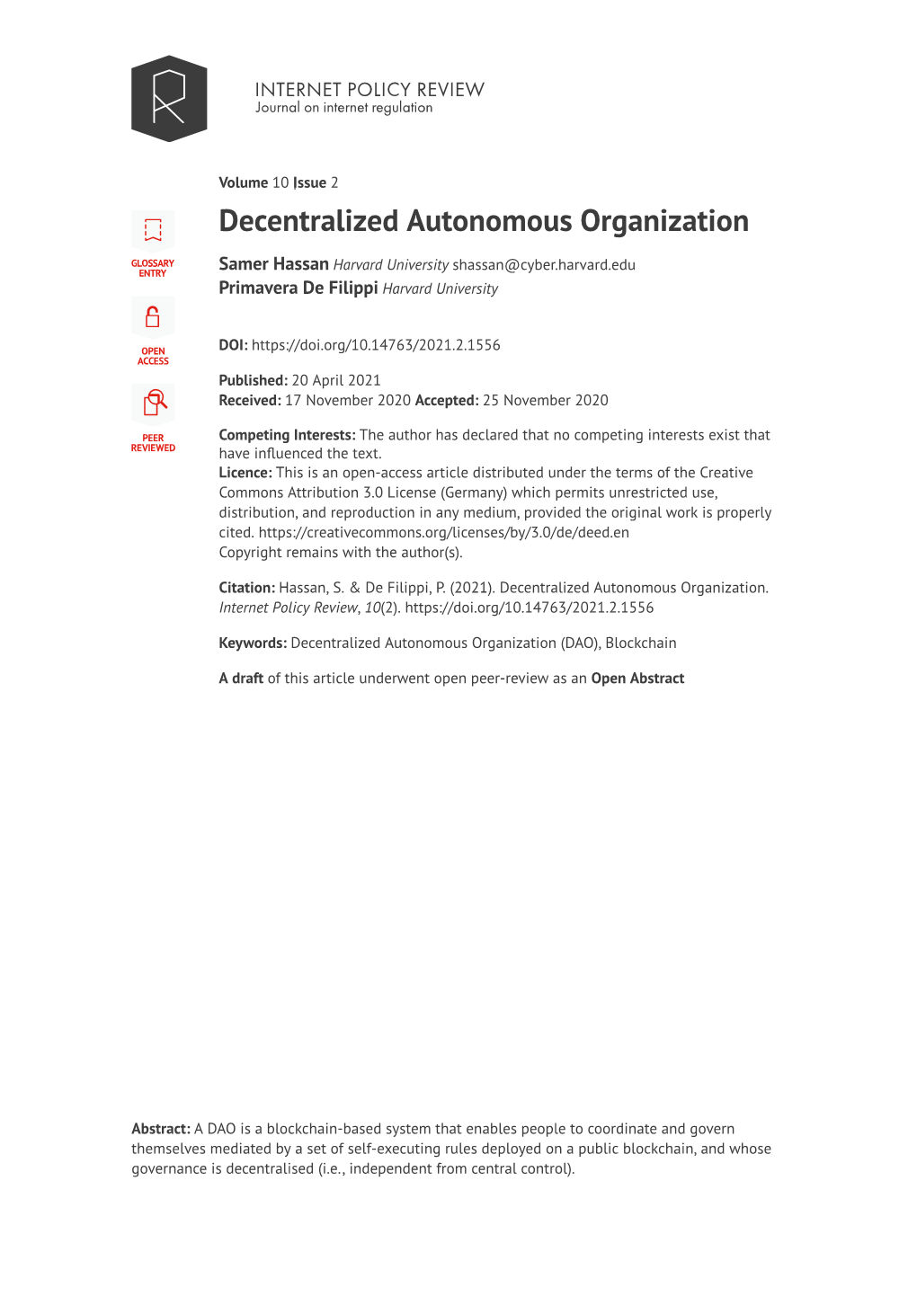Decentralized Autonomous Organization