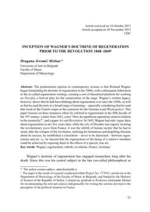 Inception of Wagner''s Doctrine of Regeneration