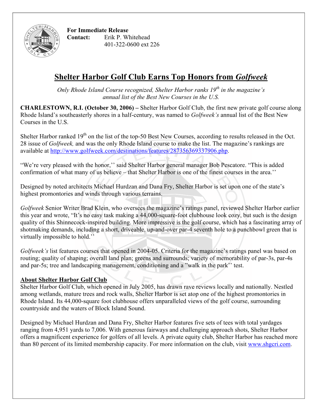 Shelter Harbor Golf Club Earns Top Honors from Golfweek