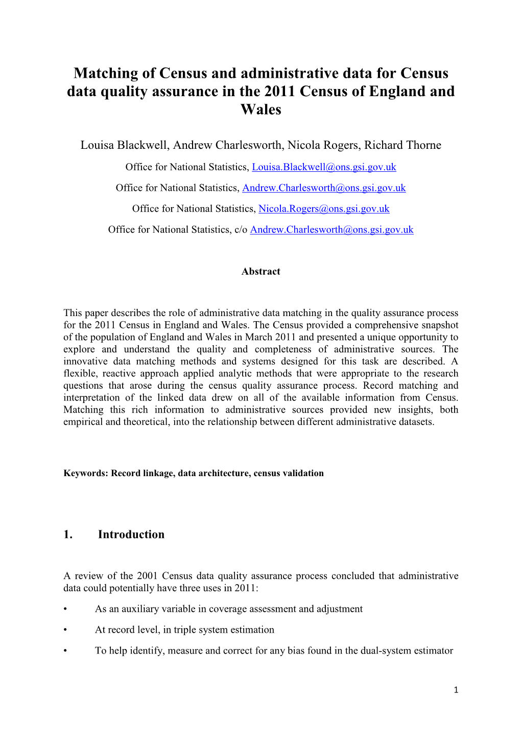 Matching of Census and Administrative Data for Census Data Quality Assurance in the 2011 Census of England and Wales