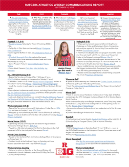 Rutgers Athletics Weekly Communications Report September 10, 2018