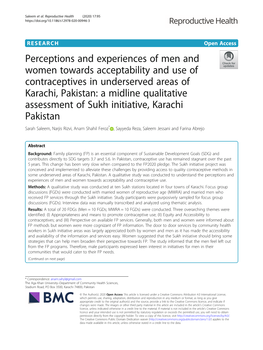 Perceptions and Experiences of Men and Women Towards Acceptability and Use of Contraceptives in Underserved Areas of Karachi, Pa