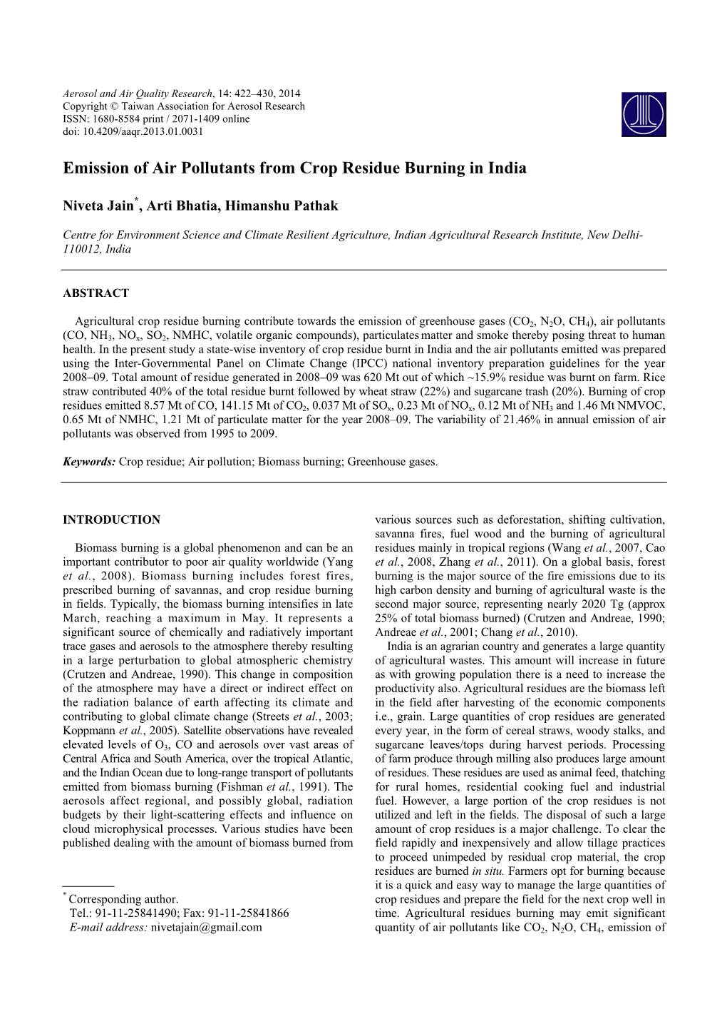 Emission of Air Pollutants from Crop Residue Burning in India