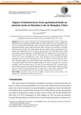Impact of Nutrient Losses from Agricultural Lands on Nutrient Stocks in Dianshan Lake in Shanghai, China