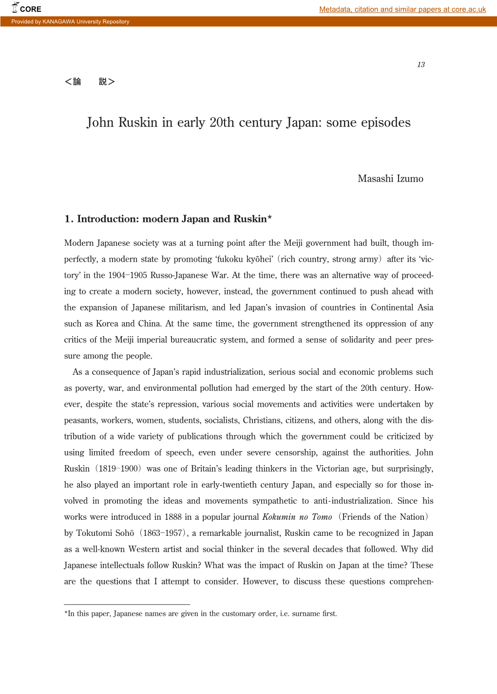 John Ruskin in Early 20Th Century Japan: Some Episodes
