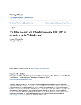 The Italian Question and British Foreign Policy, 1860--1861 As Understood by the "Dublin Review"