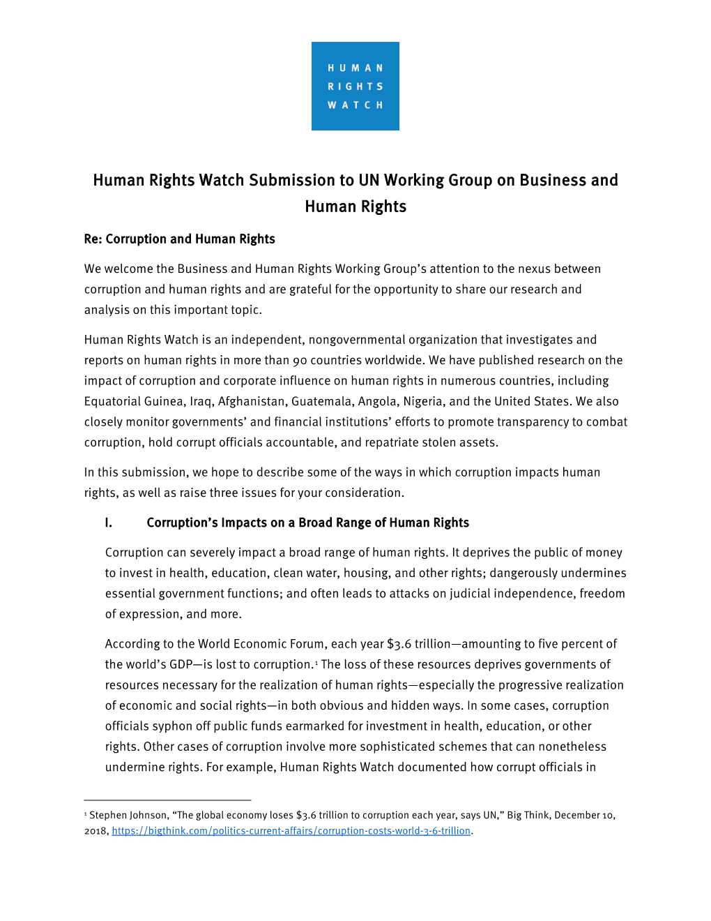 Human Rights Watch Submission to UN Working Group on Business and Human Rights