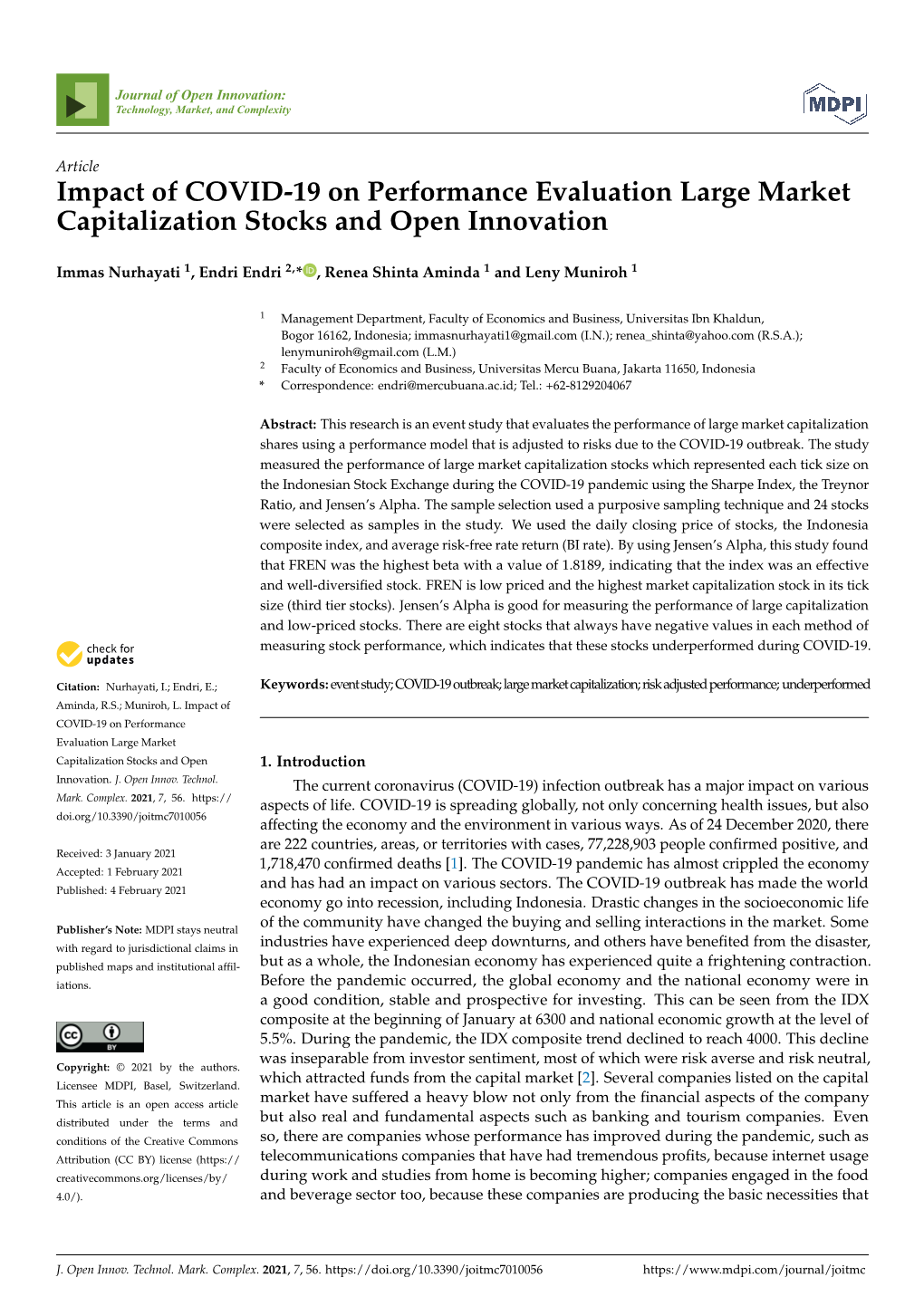 Impact of COVID-19 on Performance Evaluation Large Market Capitalization Stocks and Open Innovation