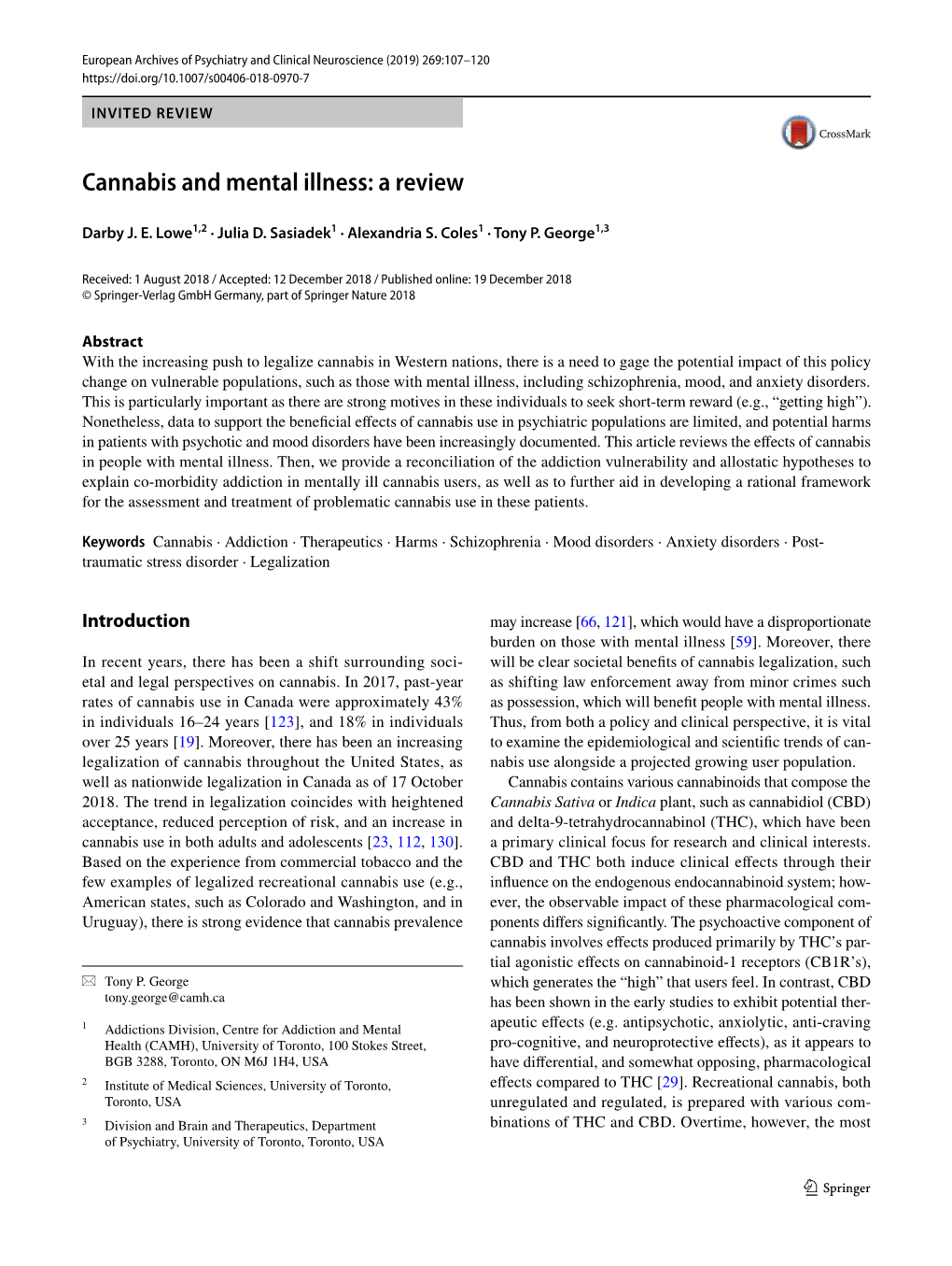 Cannabis and Mental Illness: a Review