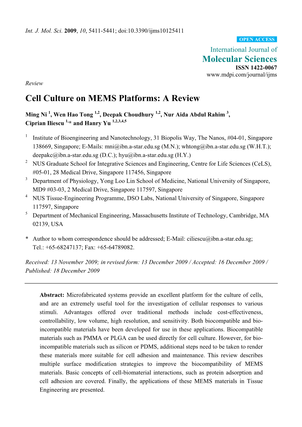 Cell Culture on MEMS Platforms: a Review