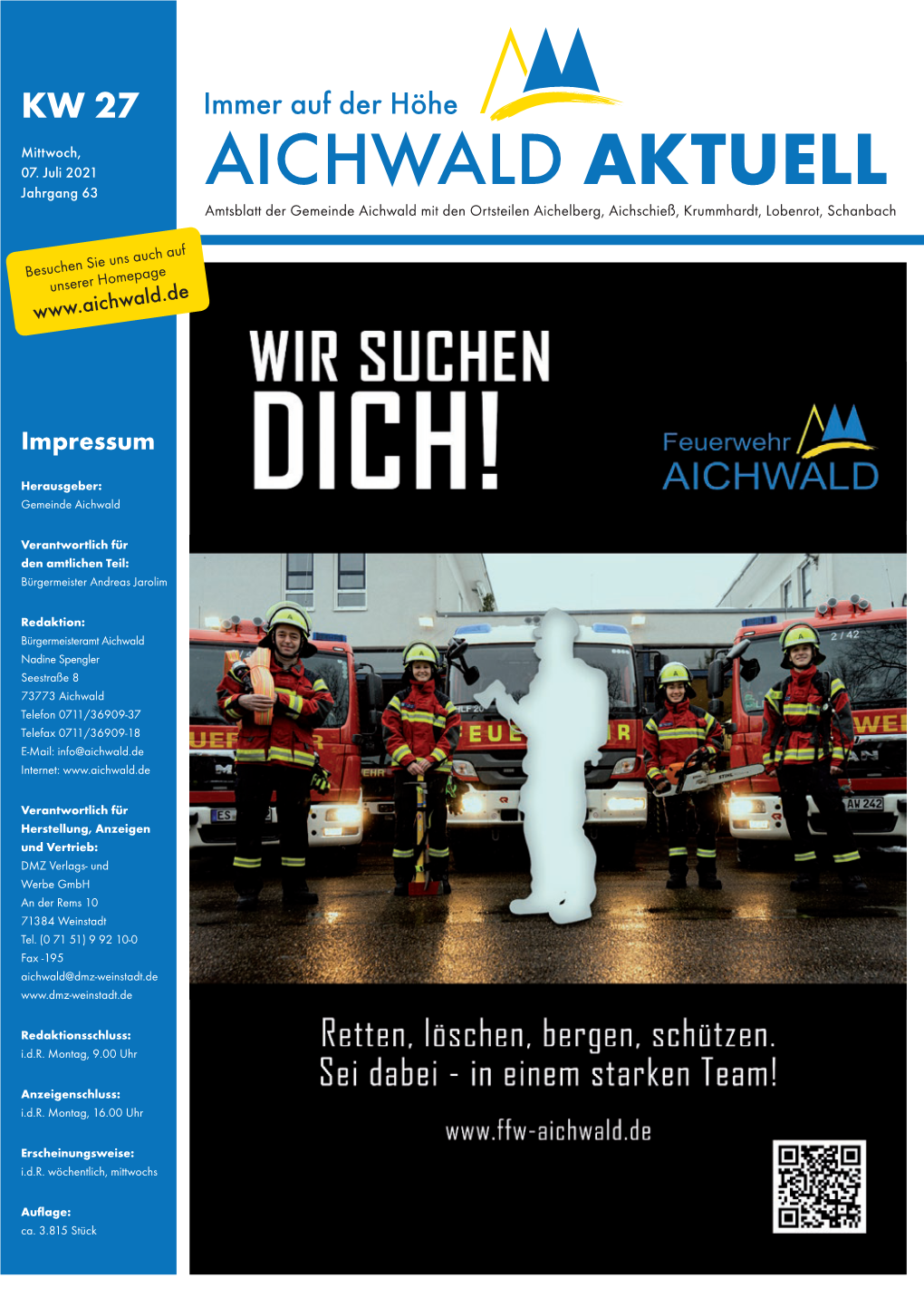 AICHWALD AKTUELL Amtsblatt Der Gemeinde Aichwald Mit Den Ortsteilen Aichelberg, Aichschieß, Krummhardt, Lobenrot, Schanbach