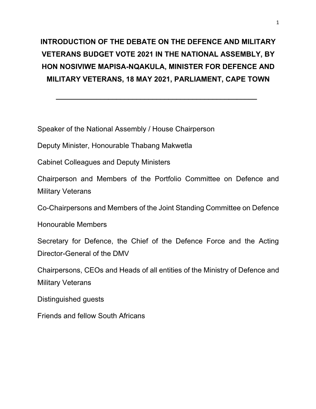 The South African Defence Budget Vote