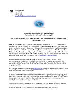 AMERICAN IDOL ANNOUNCES 2018 LIVE TOUR Performing Live at Mesa Arts Center July 24