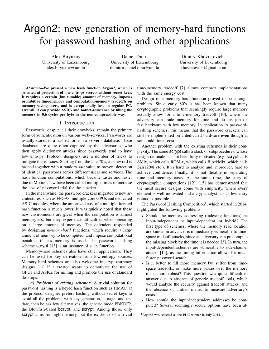 Argon2: New Generation of Memory-Hard Functions for Password Hashing and Other Applications