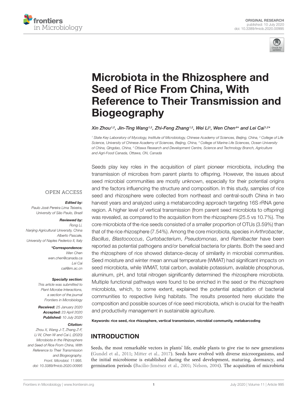 Microbiota in the Rhizosphere and Seed of Rice from China, with Reference to Their Transmission and Biogeography