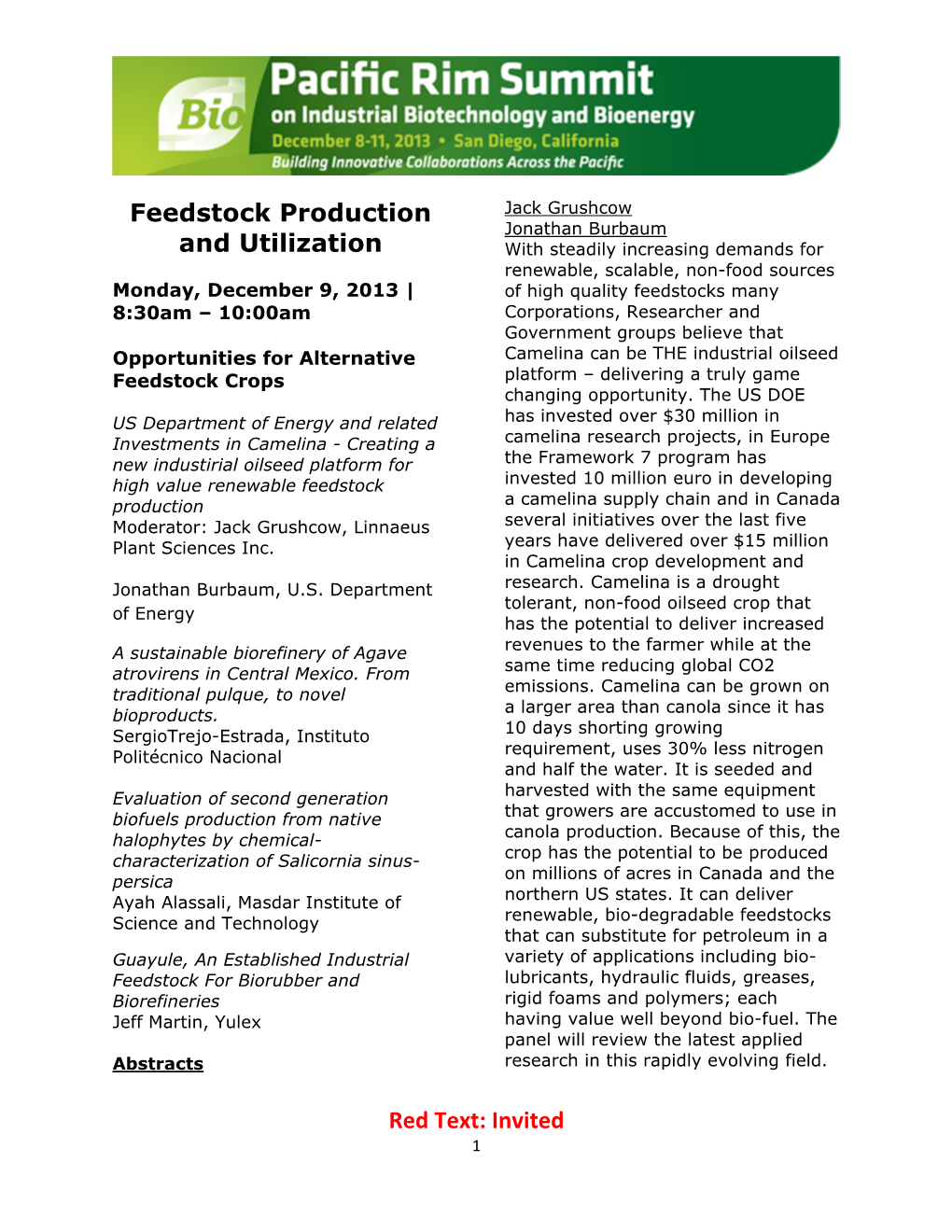 Invited Feedstock Production and Utilization