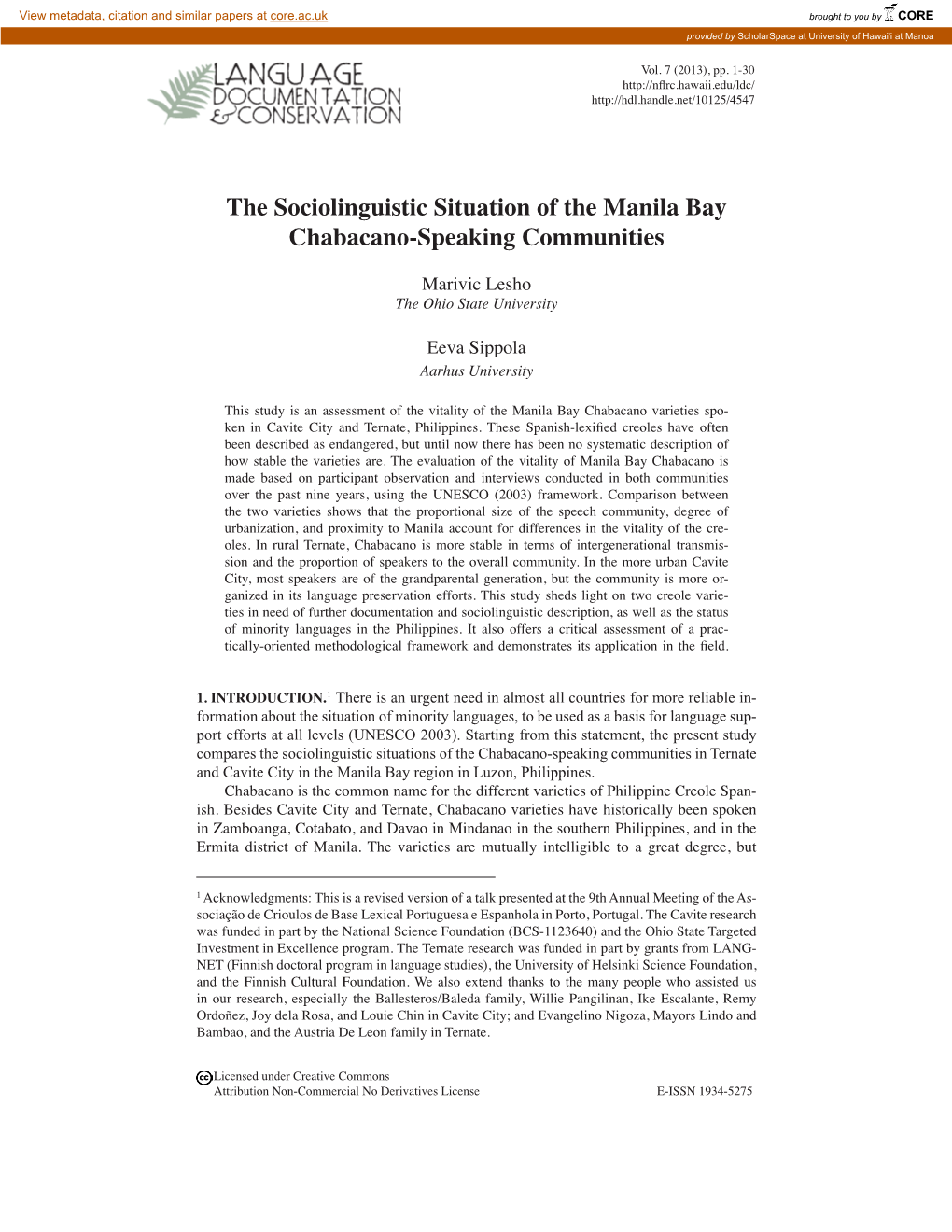 The Sociolinguistic Situation of the Manila Bay Chabacano-Speaking Communities