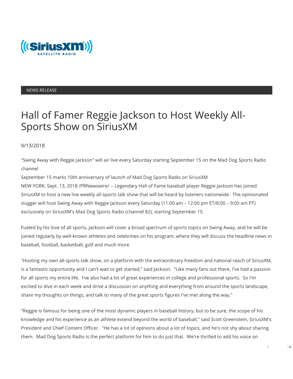 Hall of Famer Reggie Jackson to Host Weekly All- Sports Show on Siriusxm