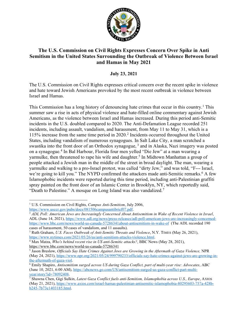The U.S. Commission on Civil Rights Expresses Concern Over Spike in Anti Semitism in the United States Surrounding the Outbreak