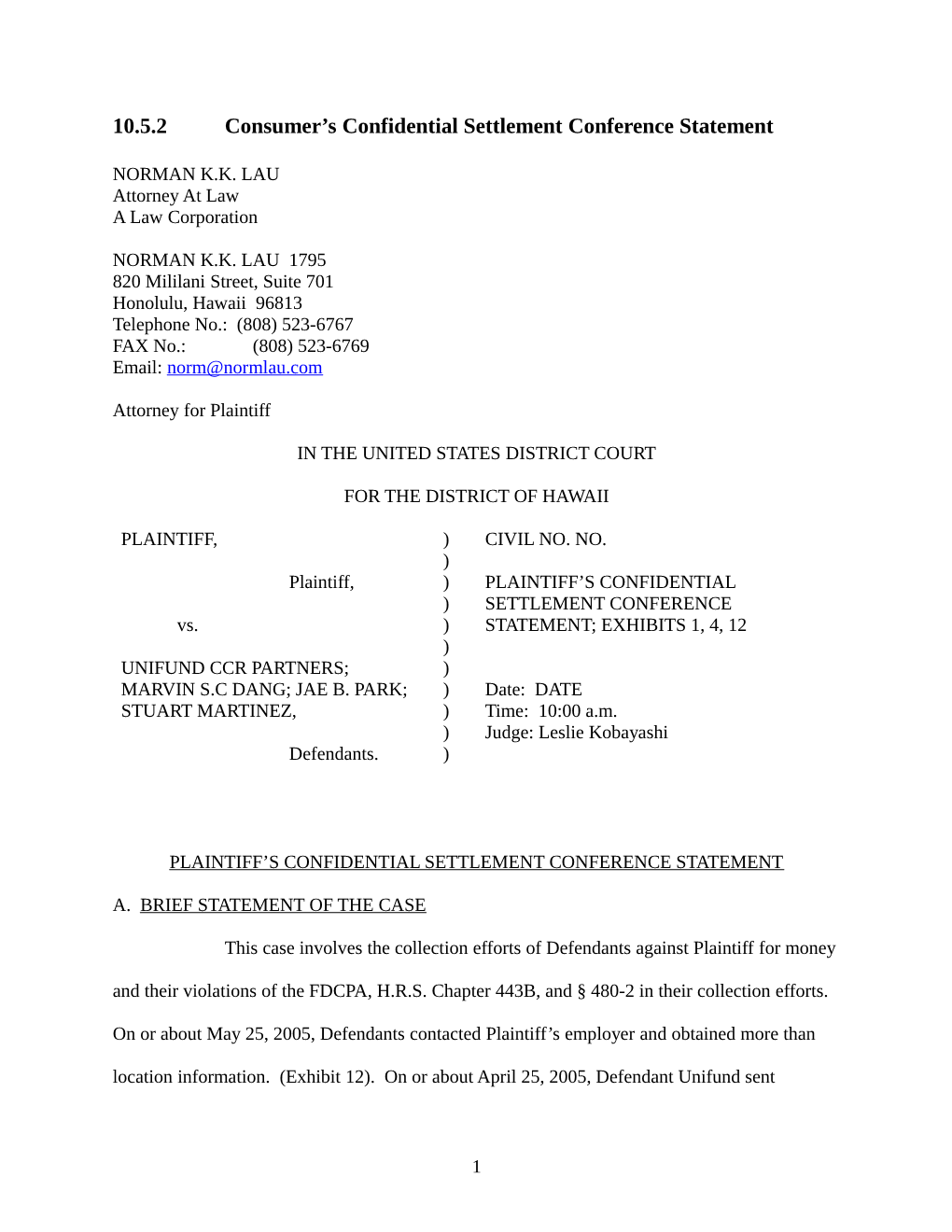 10.5.2 Consumer's Confidential Settlement Conference Statement