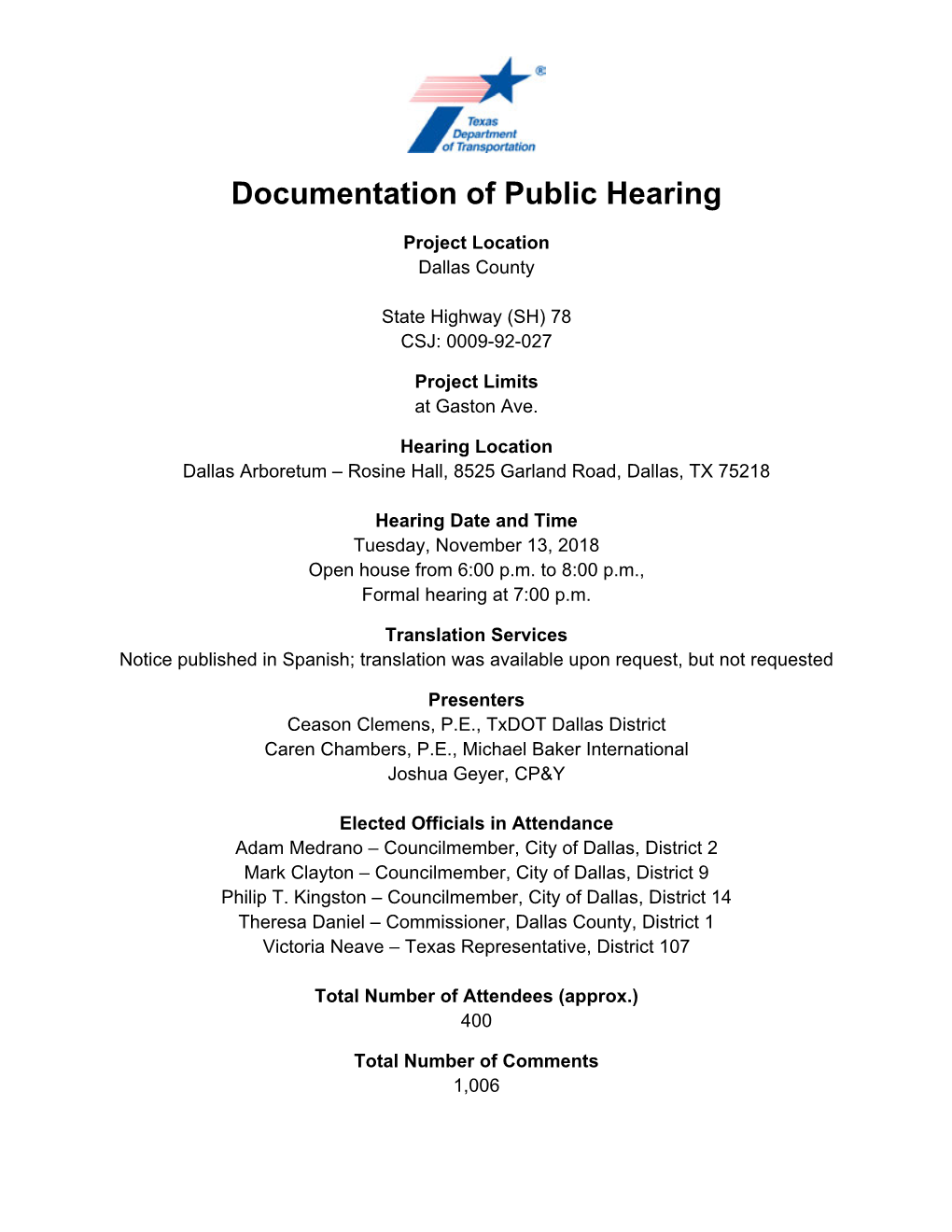 Documentation of Public Hearing