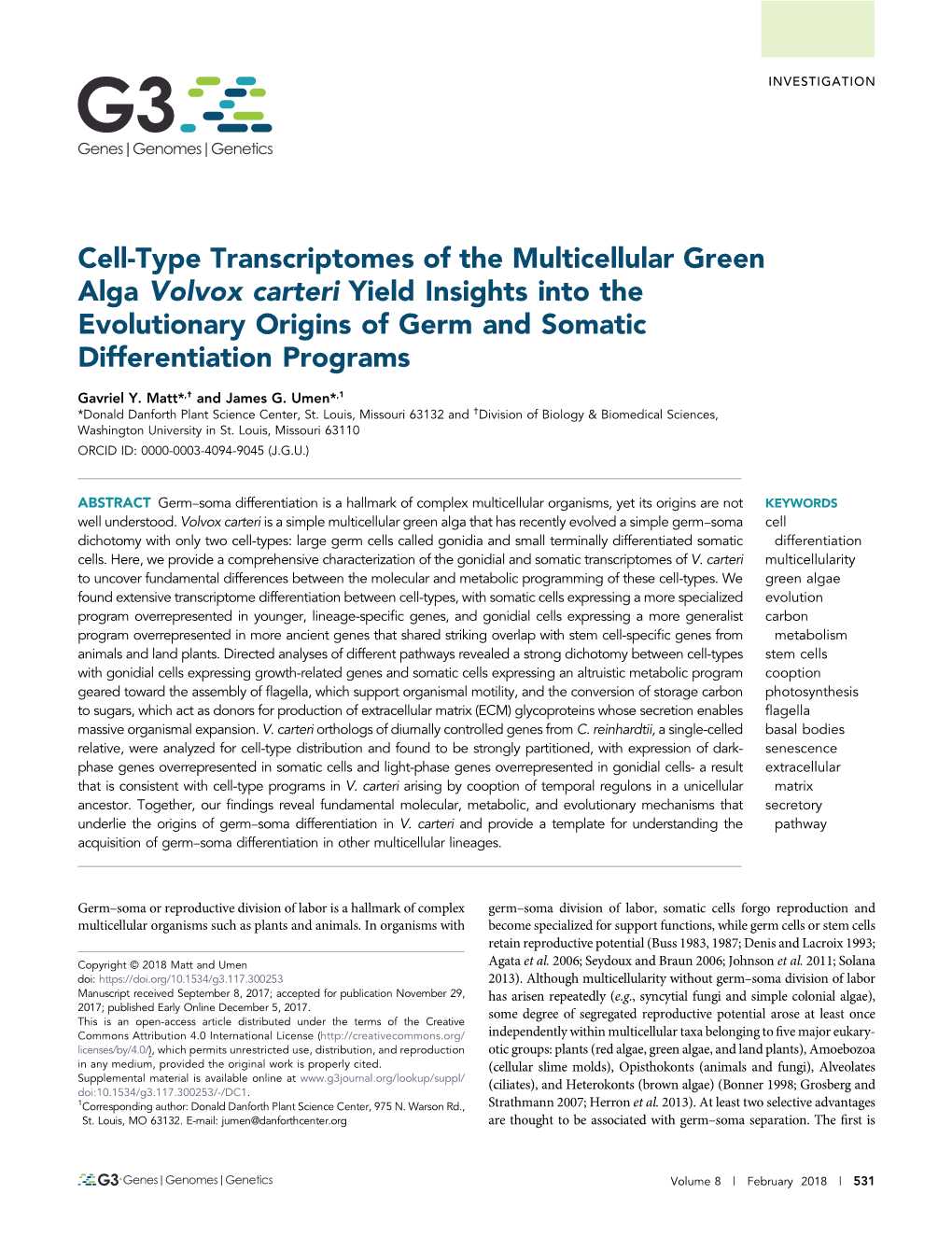 Cell-Type Transcriptomes of the Multicellular Green Alga Volvox Carteri Yield Insights Into the Evolutionary Origins of Germ and Somatic Differentiation Programs