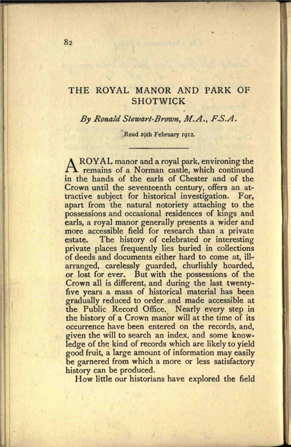 THE ROYAL MANOR and PARK of SHOTWICK by Ronald Stewart-Brown, M.A., F.S.A
