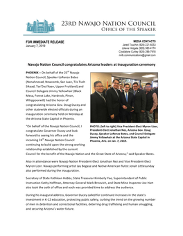Navajo Nation Council Congratulates Arizona Leaders at Inauguration Ceremony