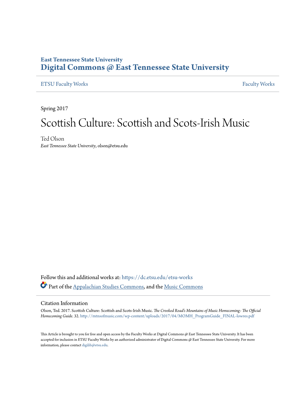 Scottish and Scots-Irish Music Ted Olson East Tennessee State University, Olson@Etsu.Edu