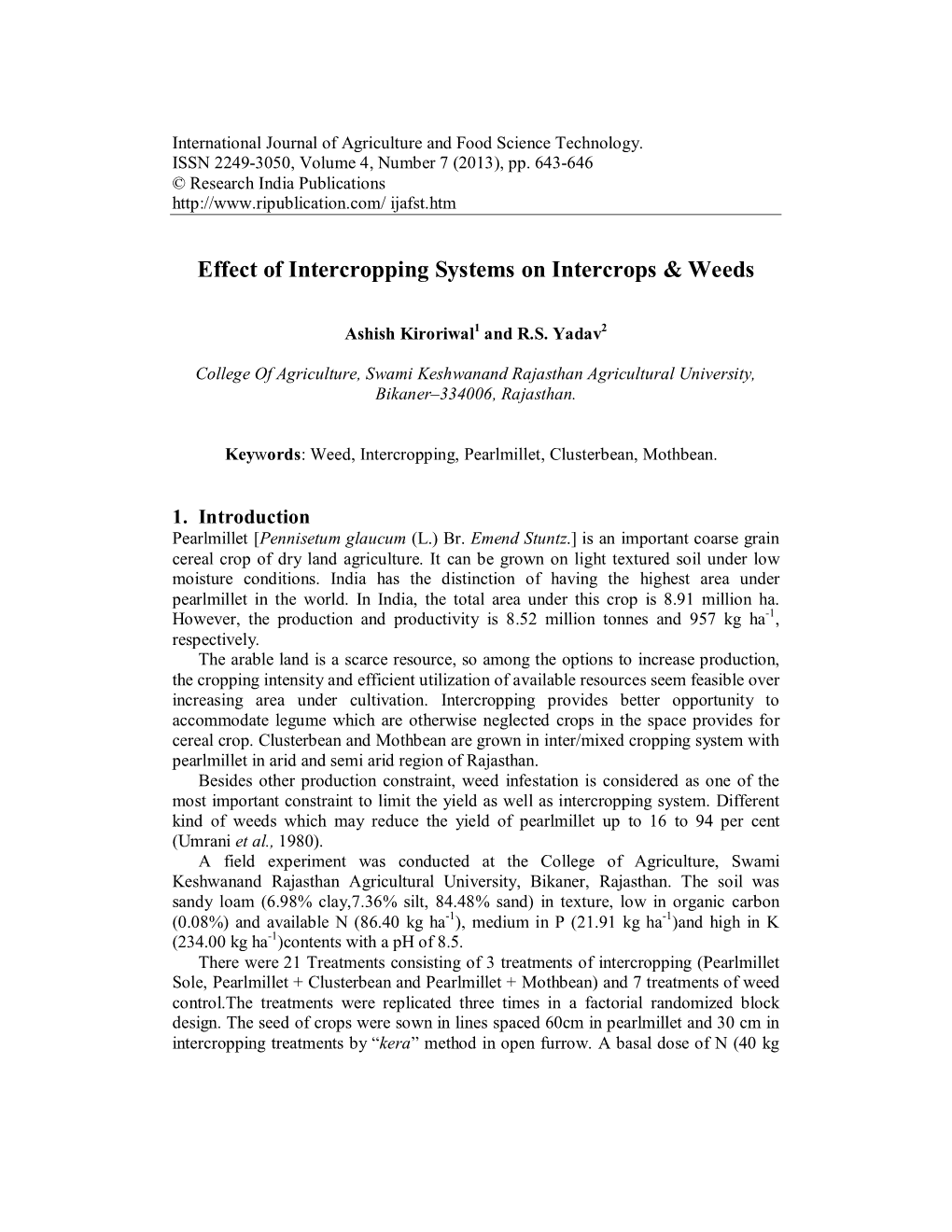 Effect of Intercropping Systems on Intercrops & Weeds