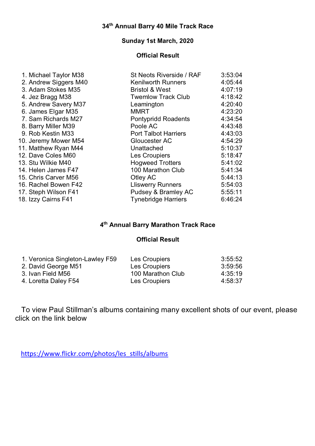 Race Results and Report