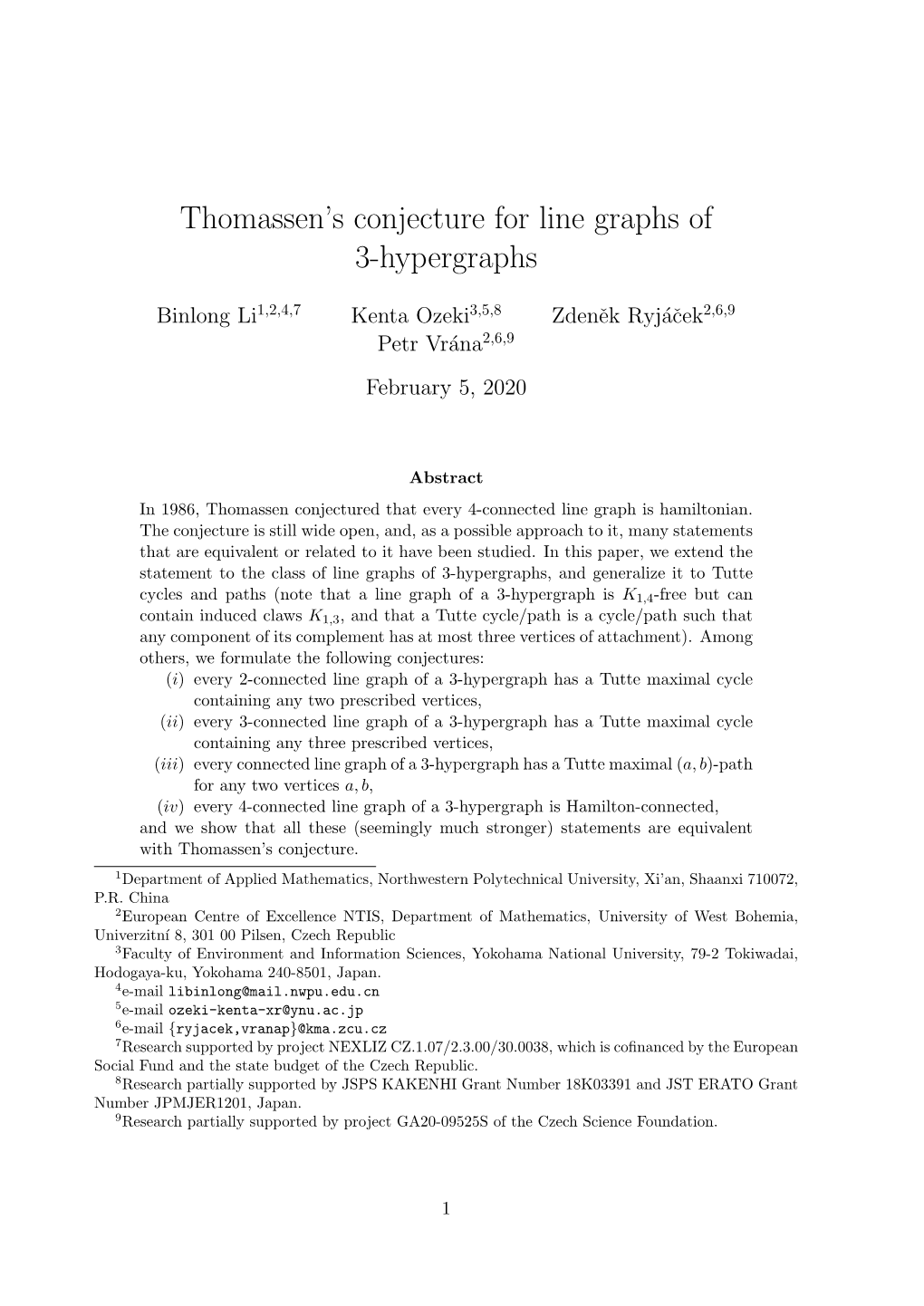 Thomassen's Conjecture for Line Graphs of 3-Hypergraphs