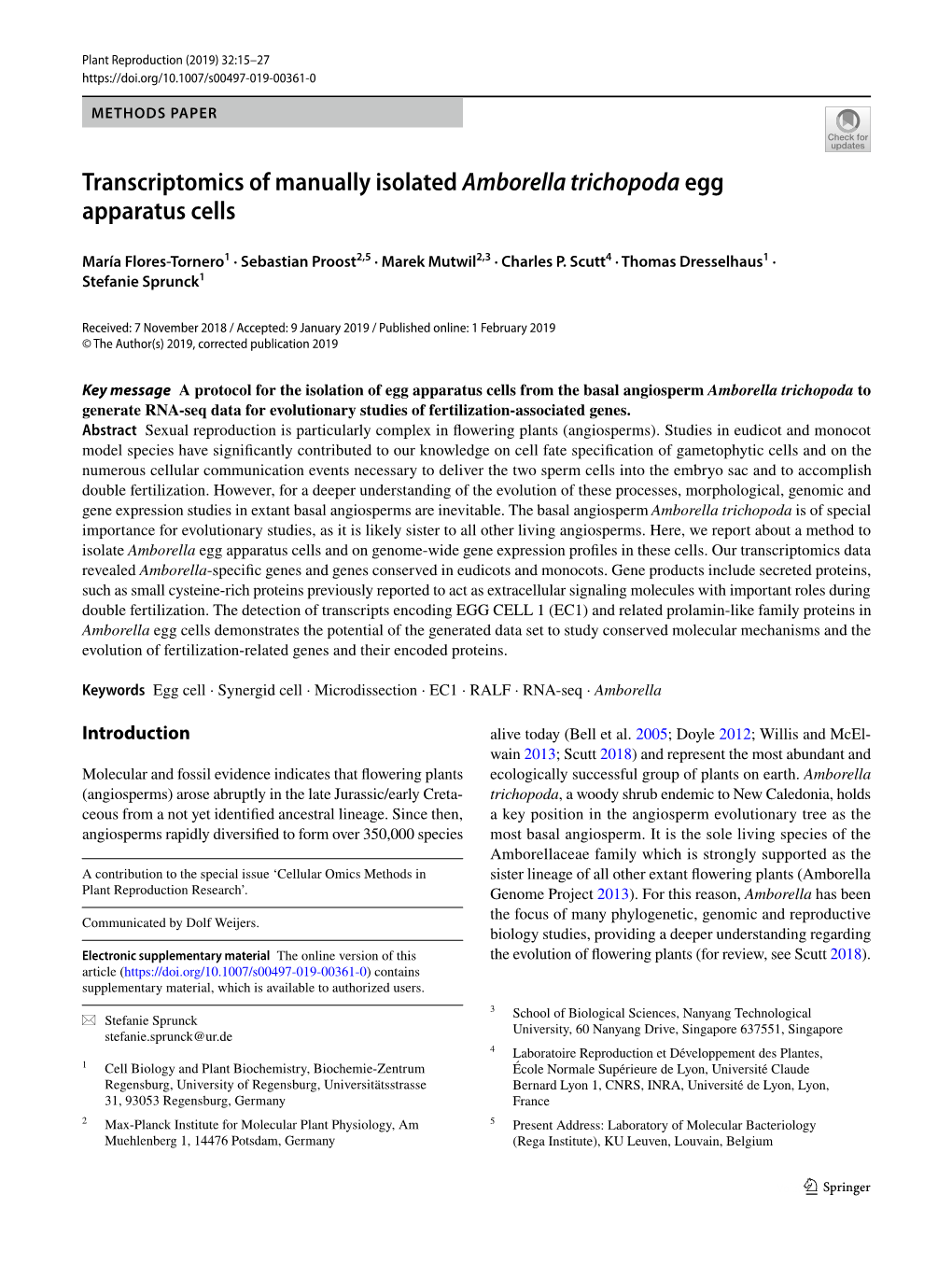 Transcriptomics of Manually Isolated Amborella Trichopoda Egg Apparatus Cells