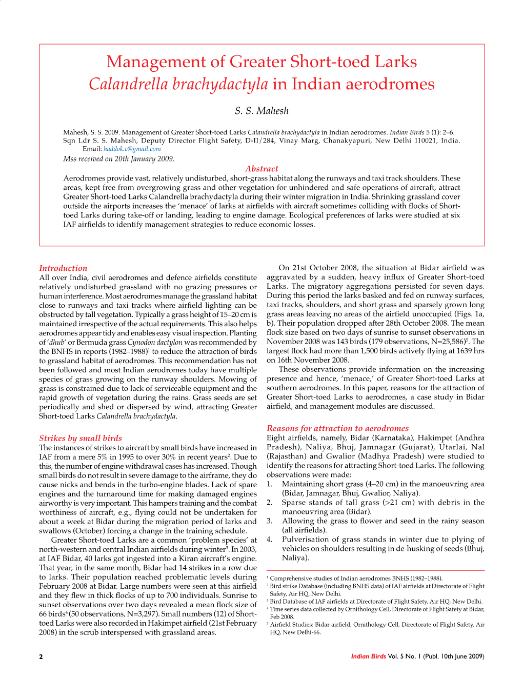 Management of Greater Short-Toed Larks Calandrella Brachydactyla in Indian Aerodromes