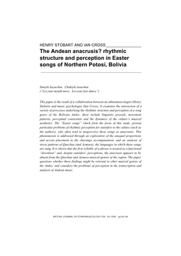 The Andean Anacrusis? Rhythmic Structure and Perception in Easter Songs of Northern Potosí, Bolivia ______
