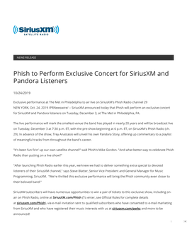 Phish to Perform Exclusive Concert for Siriusxm and Pandora Listeners