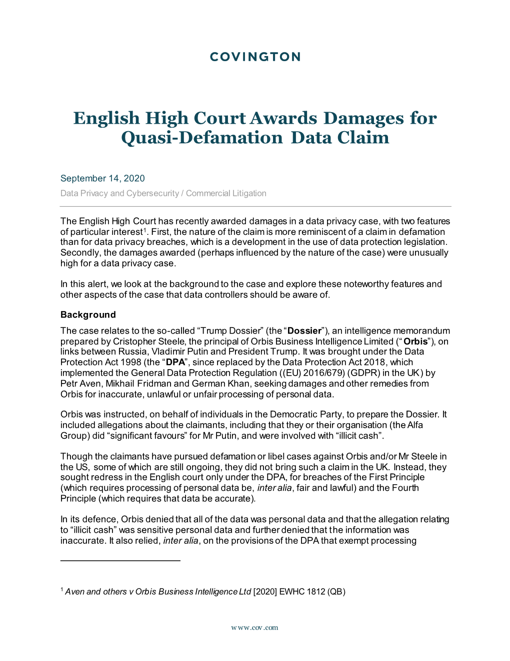 English High Court Awards Damages for Quasi-Defamation Data Claim