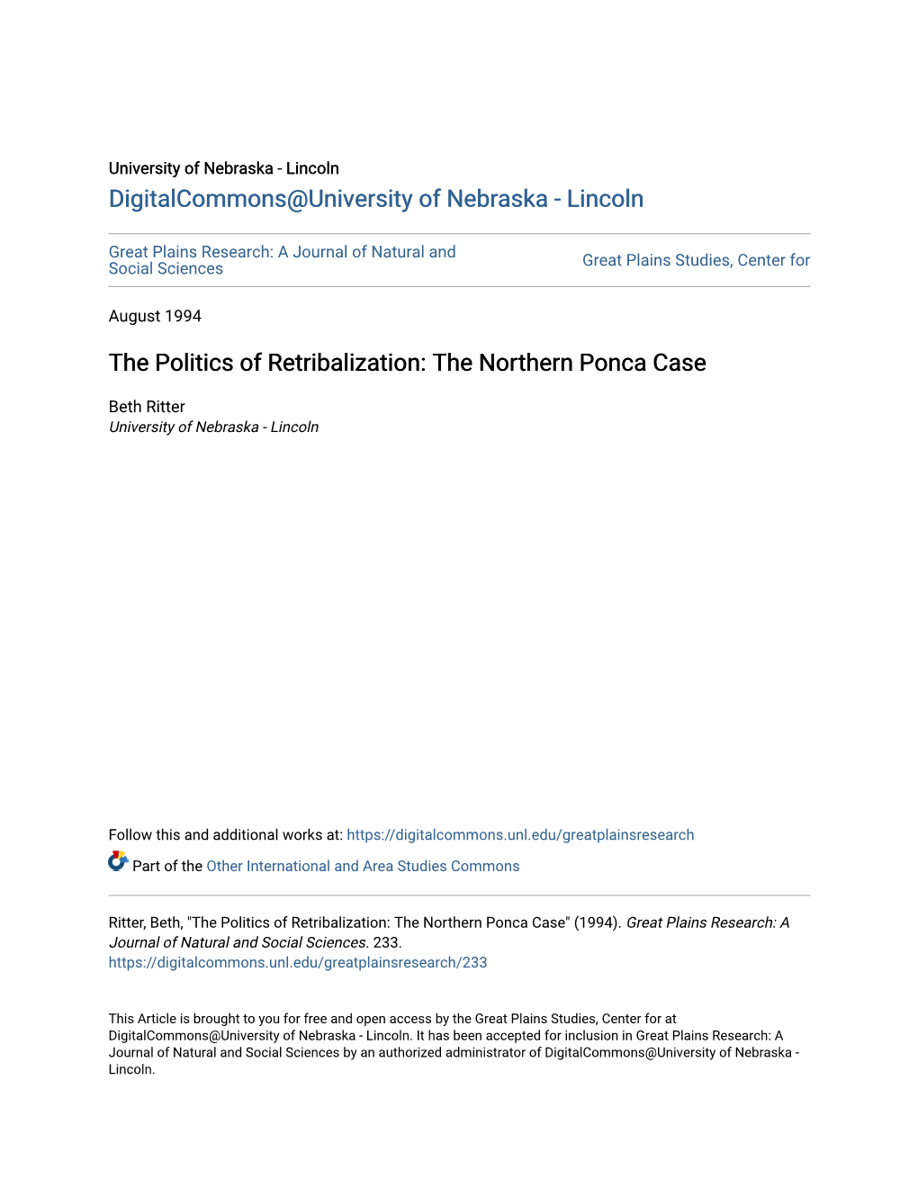 The Politics of Retribalization: the Northern Ponca Case