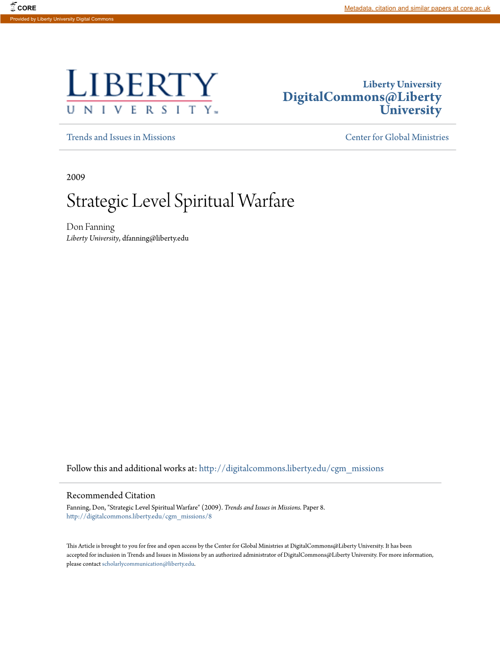 Strategic Level Spiritual Warfare Don Fanning Liberty University, Dfanning@Liberty.Edu