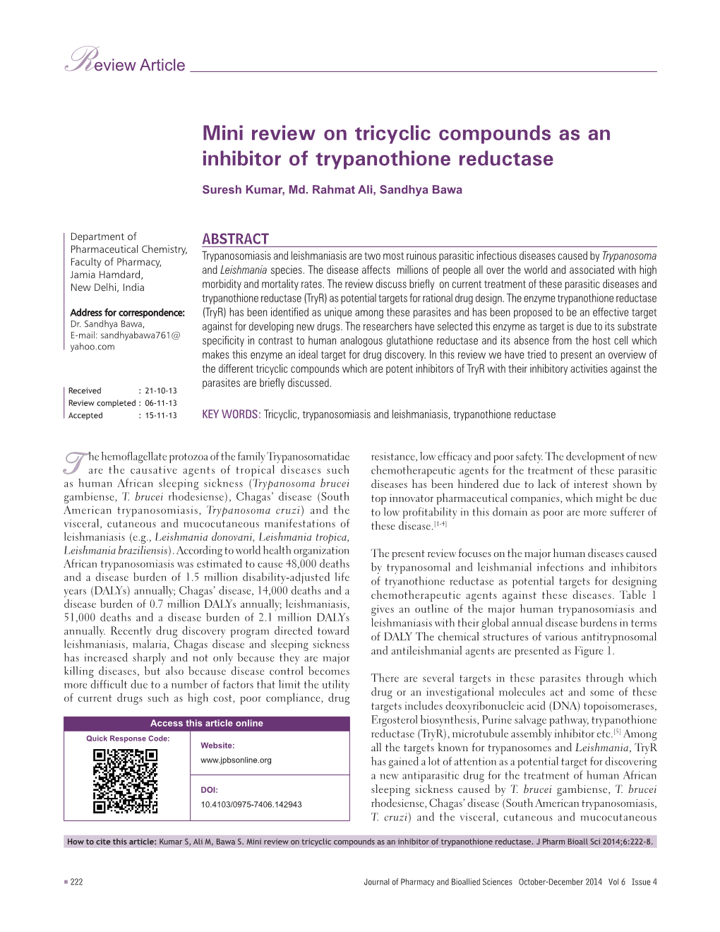 Mini Review on Tricyclic Compounds As an Inhibitor of Trypanothione Reductase