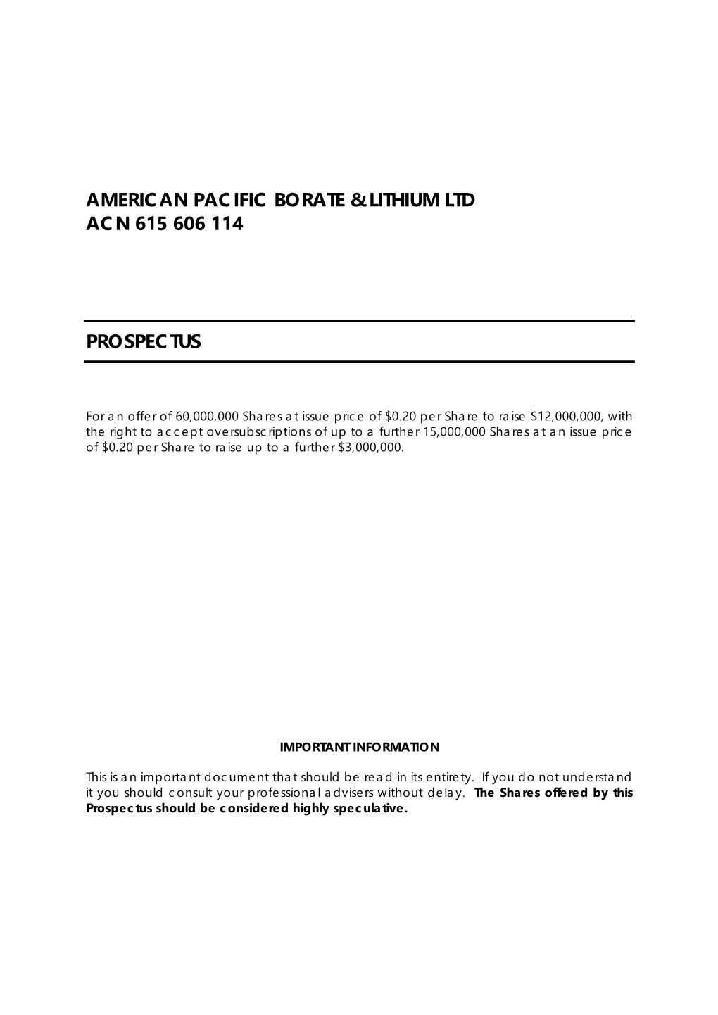 American Pacific Borate & Lithium Ltd Acn 615 606 114